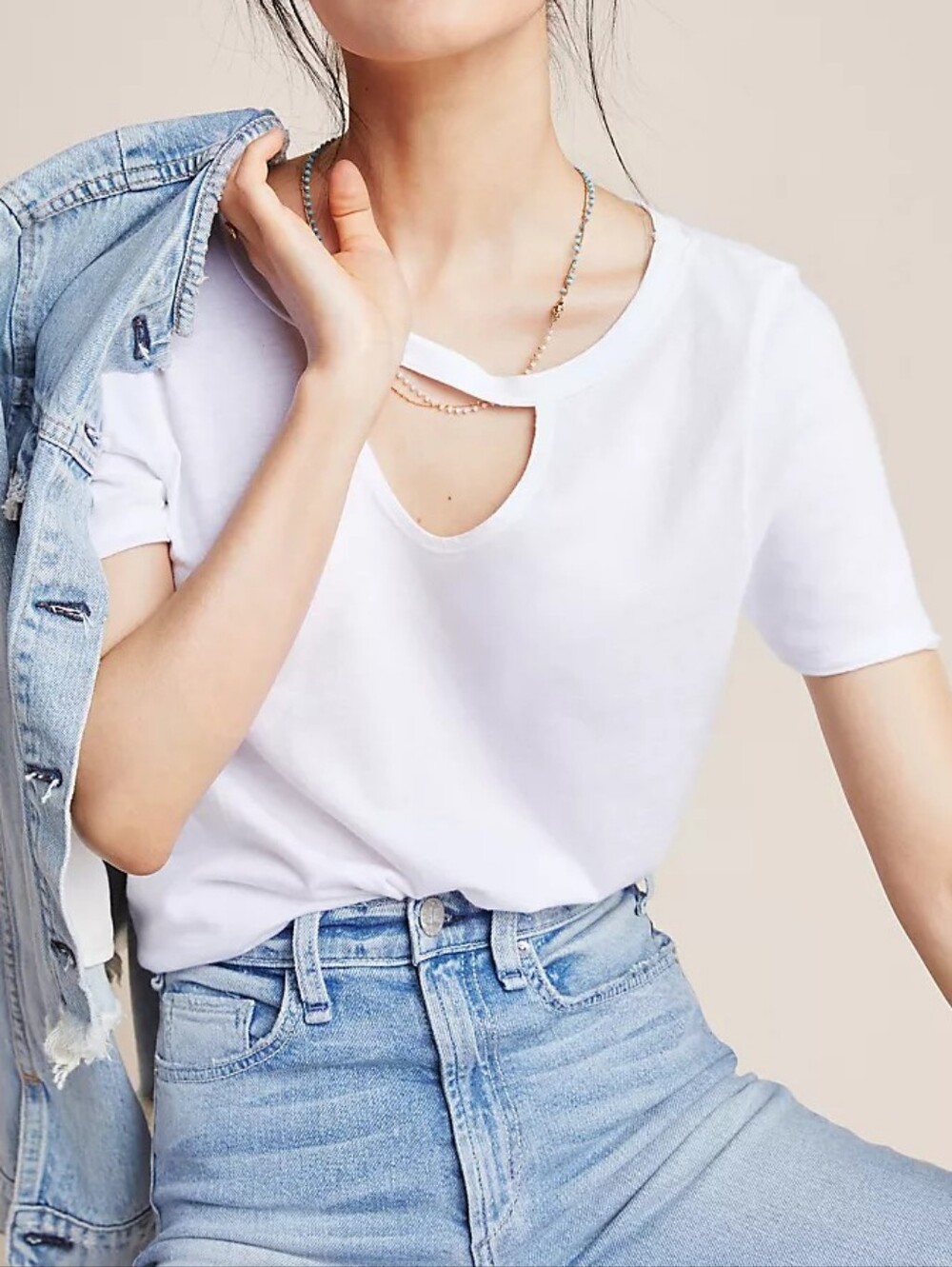 Anthropologie T.La Garrison Tee Cotton Modal Cutout Crew Neck White NEW - M